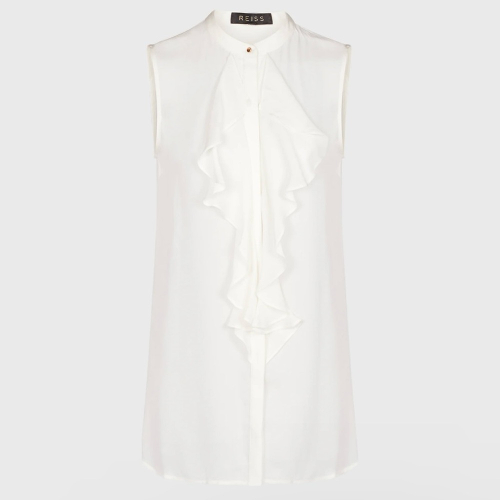 REISS Elias Off White Ruffle Front Sleeveless Shirt Mandarin Collar Blouse Sz. 0